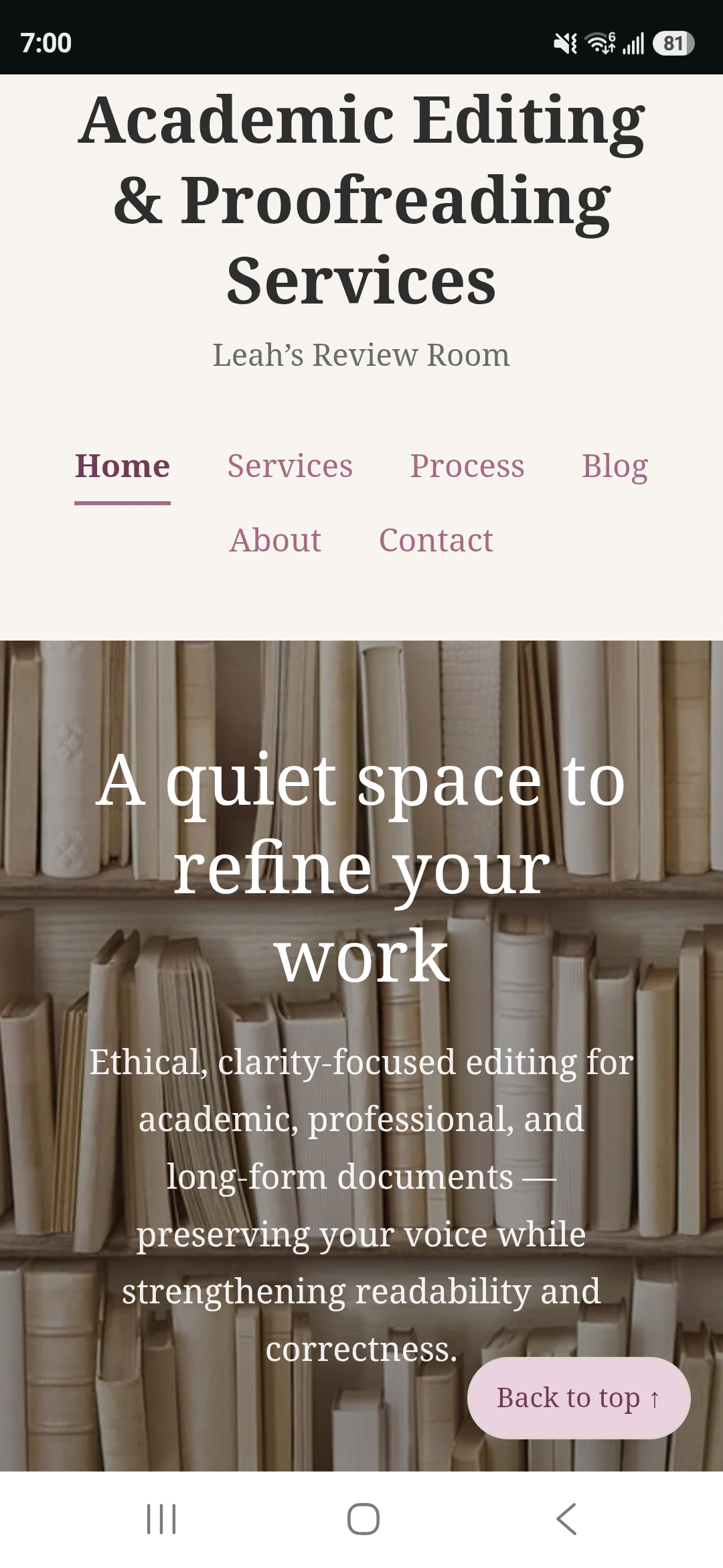Leah's Review Room website homepage — academic editing and proofreading services