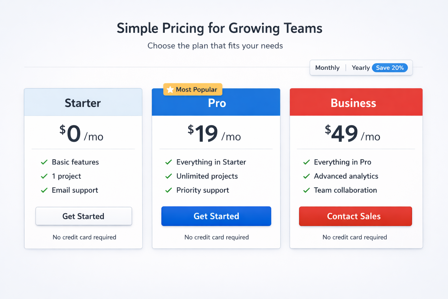 After: pricing tiers with a named recommended plan