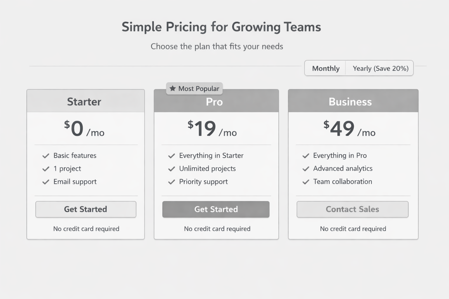Before: pricing tiers with equal visual weight and no recommended plan