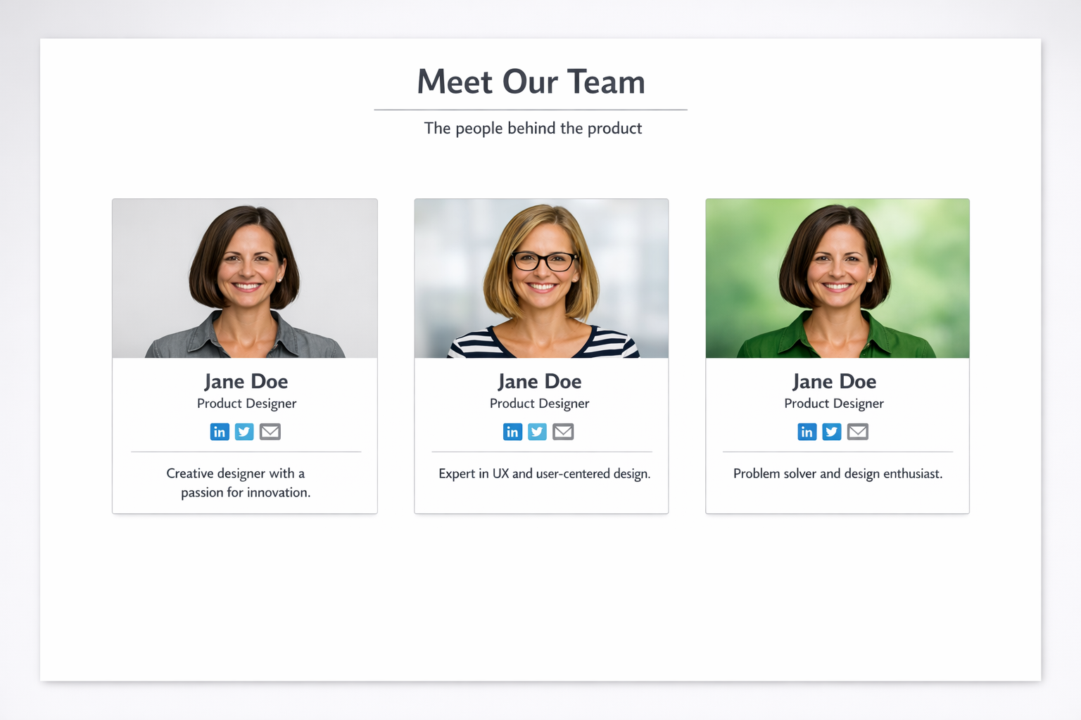 After: team section with differentiated roles and bios